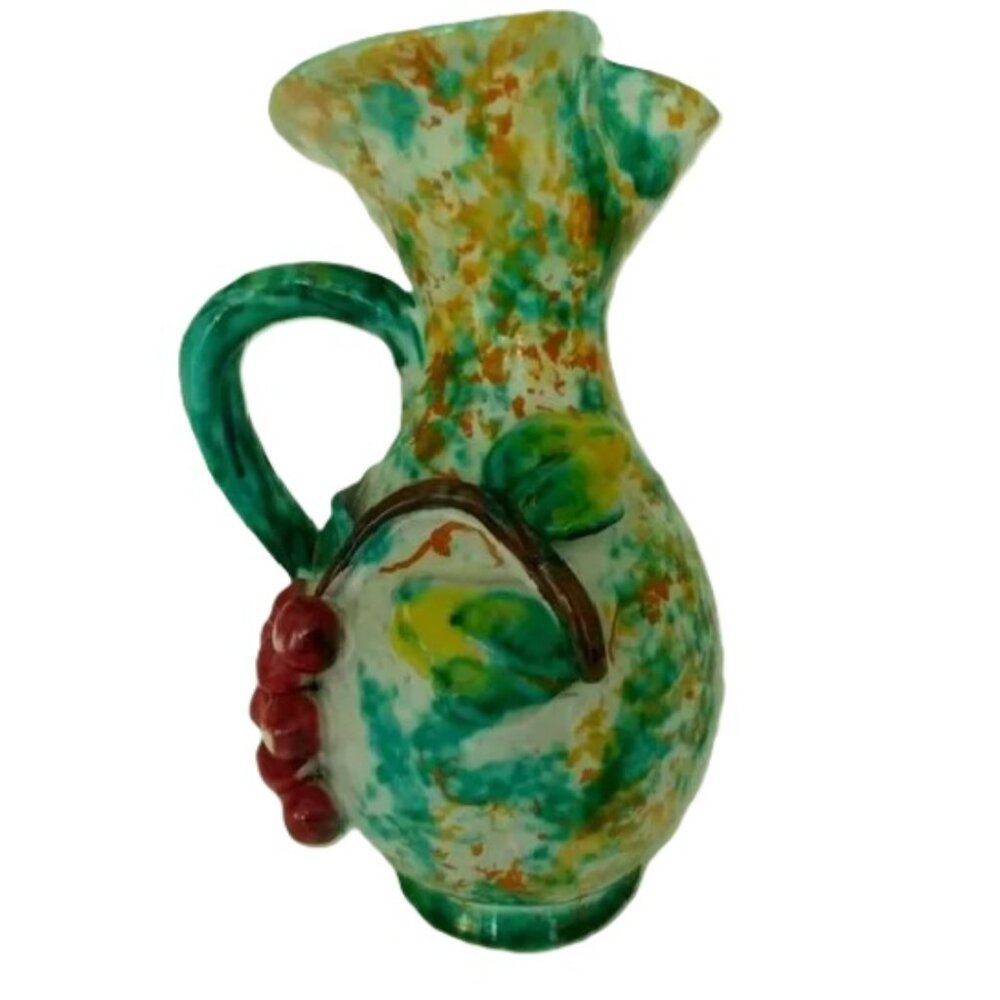 Vintage Italian Sponge Painted Pitcher / Vase 3D Grapes Motif Greens Yellows